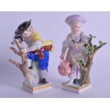 A PAIR OF 19TH CENTURY MEISSEN PORCELAIN FIGURES modelled gardening upon square form bases. 9 cm