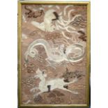 A FINE AND EXTREMELY LARGE 19TH CENTURY JAPANESE SILK EMBROIDERED WALL HANGING decorated with