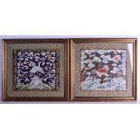 A PAIR OF LATE 19TH CENTURY CHINESE FRAMED SILK RANK BADGES one decorated with a bird, the other