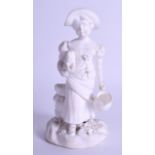 19th c. Biscuit figure of a girl in a large brimmed hat holding a lamb and pitcher probably