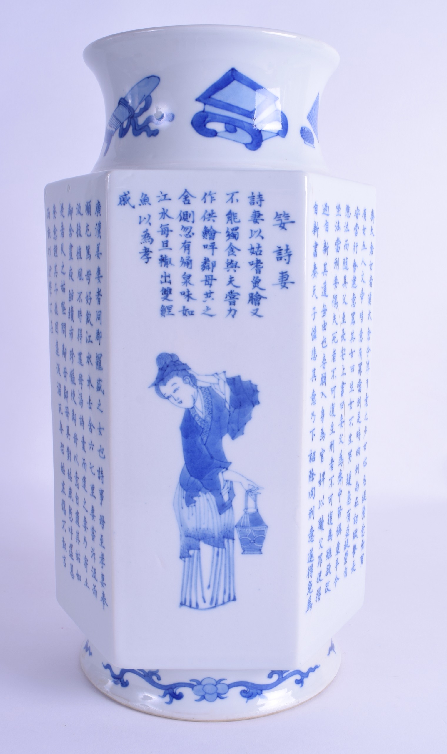 A CHINESE BLUE AND WHITE HEXAGONAL PORCELAIN VASE probably Republican period, painted with figures