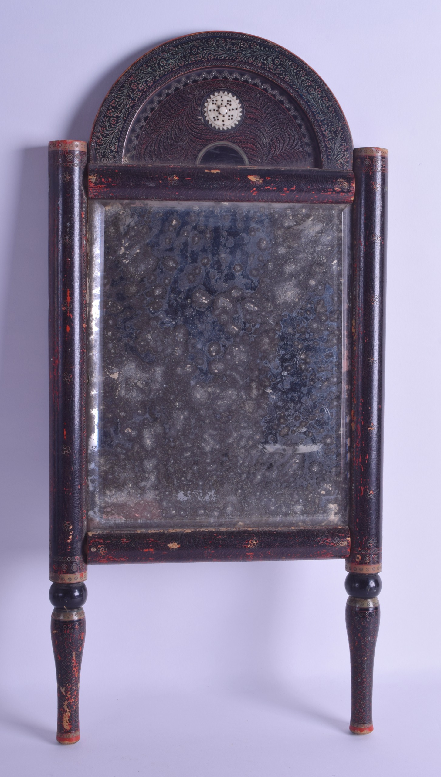 A RARE 19TH CENTURY INDO PERSIAN LACQUERED SADDLE MIRROR decorated with extensive foliage and - Bild 2 aus 2