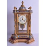 A LATE 19TH CENTURY FRENCH BRONZE AND CHAMPLEVE ENAMEL FOUR GLASS MANTEL CLOCK decorated with
