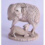 A 19TH CENTURY CHINESE CARVED IVORY FIGURE OF A SHEEP modelled with a recumbent lamb feeding. 8 cm x