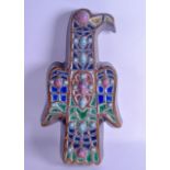AN UNUSUAL 1950S EUROPEAN POTTERY JEWELLED FIGURE OF A STYLISED BIRD decorated with flambé porcelain