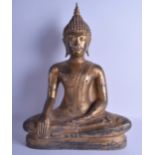 A LARGE 18TH/19TH CENTURY THAI GILT LACQUERED BRONZE FIGURE OF A BUDDHA bearing calligraphic type