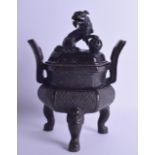 A 16TH/17TH CENTURY CHINESE TWIN HANDLED BRONZE CENSER AND COVER Ming, the finial formed as a