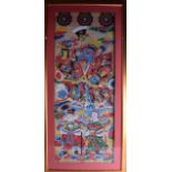 A LARGE SET OF THREE FRAMED EARLY 20TH CENTURY SOUTH EAST ASIAN THANGKAS painted with warriors and