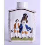 18th c. Pratt Ware Macaroni tea canister decorated in relief with a gentleman and lady both with