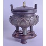 A CHINESE TWIN HANDLED CENSER AND COVER bearing Ming marks to base, probably late Qing, decorated