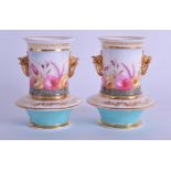 A PAIR OF EARLY 19TH CENTURY ENGLISH PORCELAIN VASES Coalport or Spode, painted with a band of