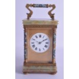 A LATE 19TH CENTURY FRENCH ONYX AND CHAMPLEVE ENAMEL CARRIAGE CLOCK decorated with foliage and