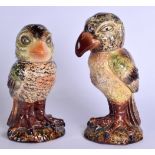 A PAIR OF CONTINENTAL MARTIN BROTHERS STYLE BIRD TOBACCO JARS AND COVERS. 23 cm & 22 cm high.