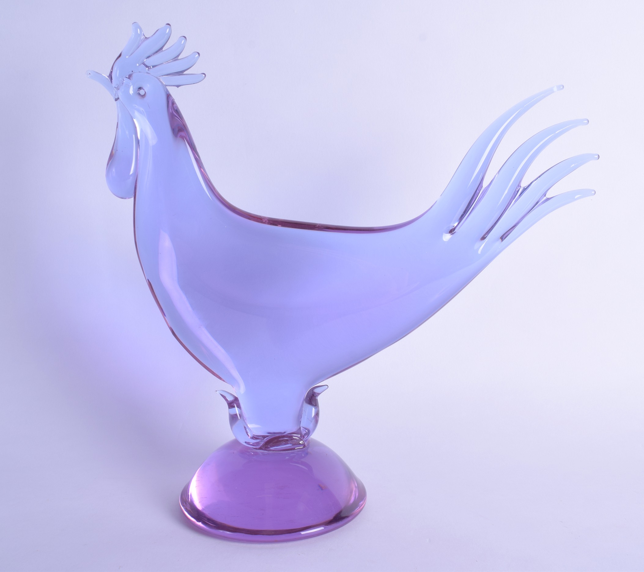 A LARGE ITALIAN PUCE GLASS PUCE GLASS FIGURE OF A COCKEREL probably by Licio Zanetti. 33 cm x 33