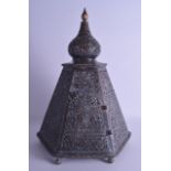 A LARGE ISLAMIC OPEN WORK BRASS CANDLE CASE probably 19th century, decorated with Kufic script and