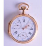 A GOOD 18CT YELLOW GOLD MULTI DIAL POCKET WATCH with blue and black painted numerals. 4.75 cm