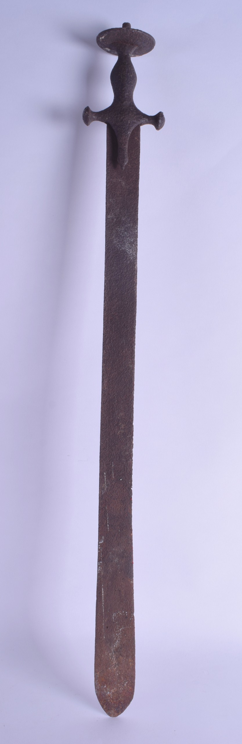 A VIKING STYLE TAPERING BRONZE SWORD decorated in relief with a standing classical figure to the - Image 2 of 3