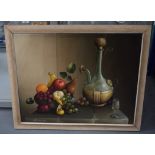 GEORGE REEKIE, framed oil on canvas, signed and dated ~56, still life of fruit and a jug on a table.