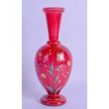 A LATE 19TH CENTURY BOHEMIAN RUBY GLASS VASE enamelled with butterflies in the manner of Moser. 23.5