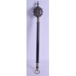 A 19TH CENTURY EUROPEAN BRONZE AND EBONY MACE with open work crown like finial. 46 cm long.