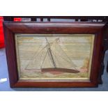 A VICTORIAN SAILORS WOOL WORK PICTURE, depicting a boat at full sail. 24 cm x 39 cm.