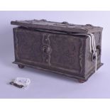 A 16TH/17TH CENTURY CONTINENTAL IRON LOCKING STORAGE BOX unusually still retaining original