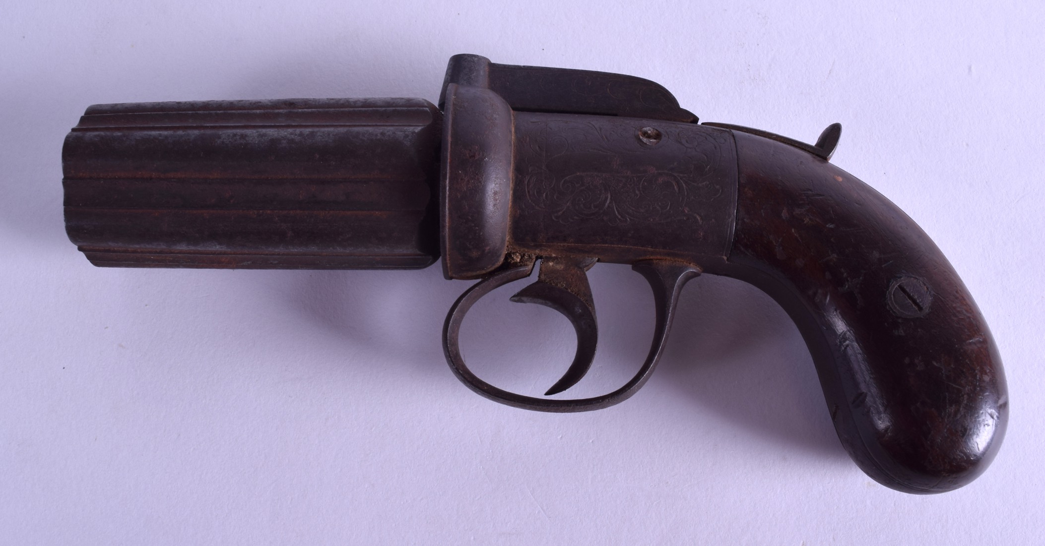 AN EARLY 19TH CENTURY PEPPER POT REVOLVER SIX BARREL PISTOL with engraved floral decoration. 18.5 cm - Image 2 of 4