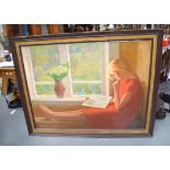 BRITISH SCHOOL (20th Century), framed oil on canvas, a young woman reading a book by a window,