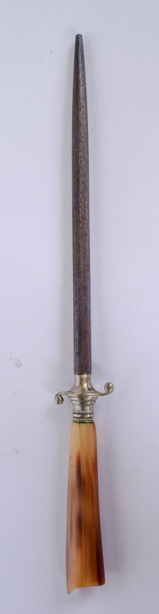 A CARVED HORN HANDLED KNIFE SHARPENER. 30.5 cm long.