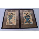 A PAIR OF EARLY 20TH CENTURY JAPANESE WOODBLOCK PRINTS, depicting geisha girls. 17 cm x 11 cm.
