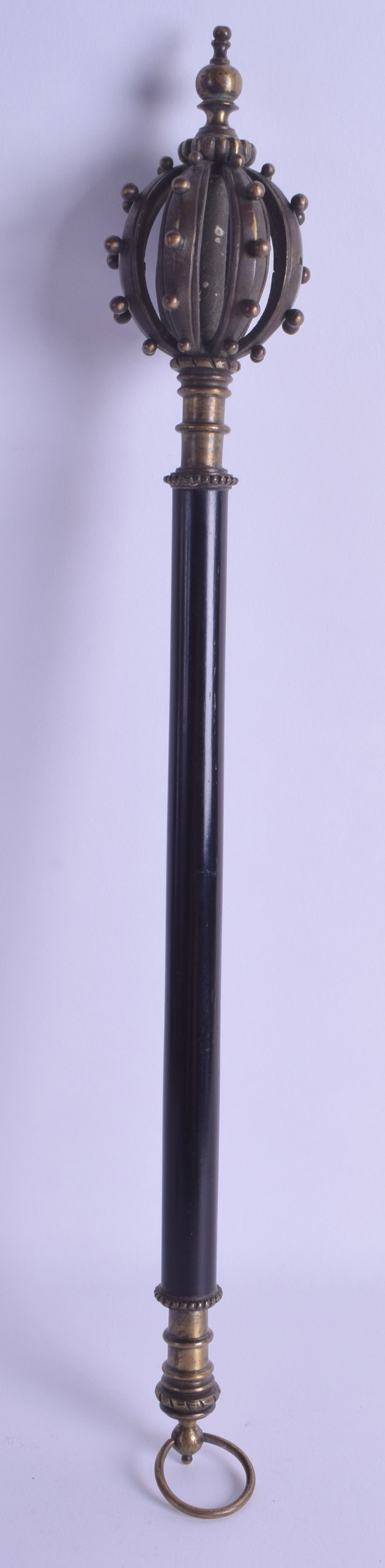 A 19TH CENTURY EUROPEAN BRONZE AND EBONY MACE with open work crown like finial. 46 cm long. - Image 3 of 3