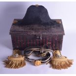 A LOVELY FIRST WAR ROYAL NAVY PAYMASTER CAPTAINS BICORN HAT AND EPAULETTES with original tole ware