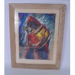 EUROPEAN SCHOOL (20th Century), framed oil on card, abstract female holding a baby. 50 cm x 37 cm.