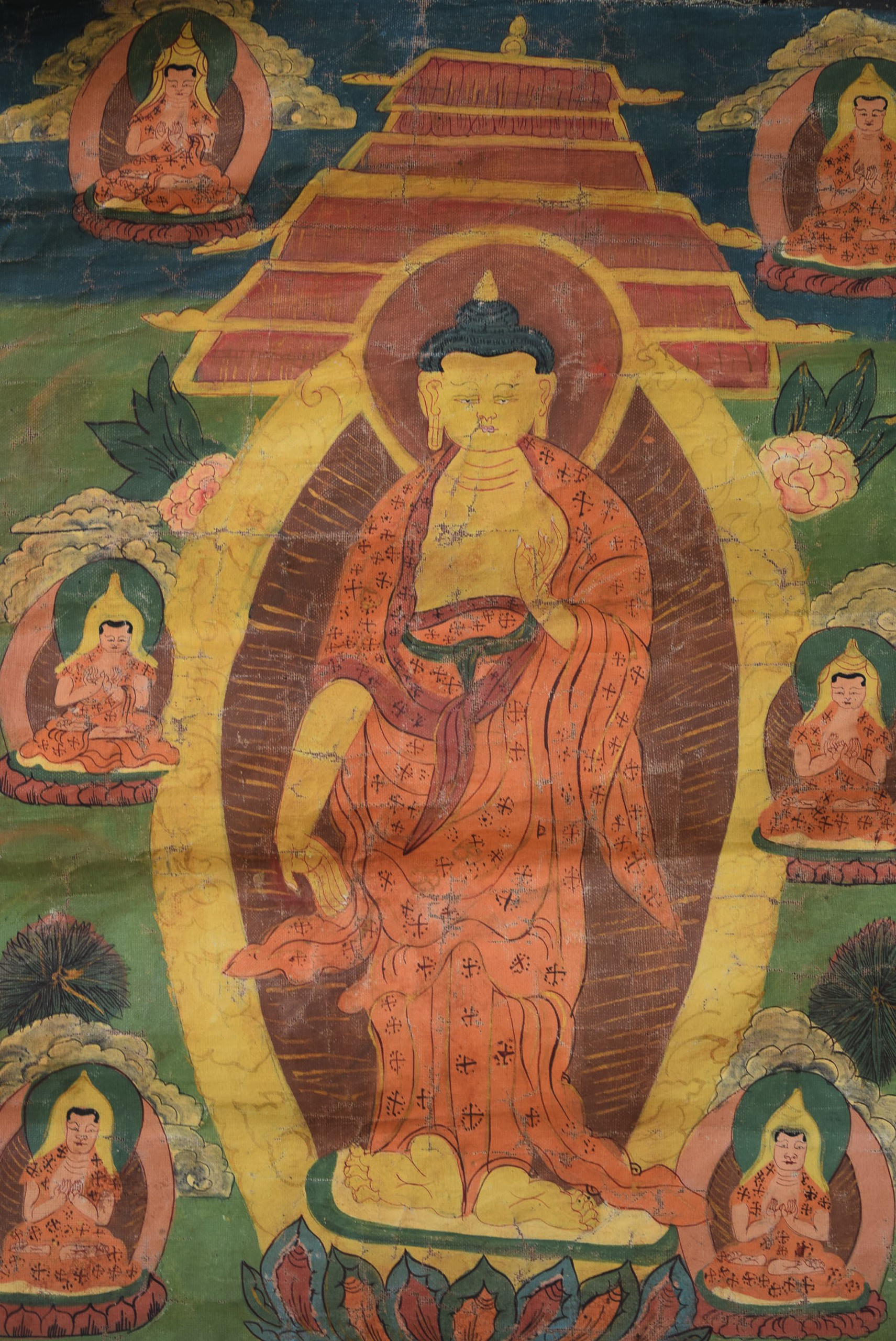 A 19TH CENTURY CHINESE BLUE GROUND EMBROIDERED SILK PANEL, together with a Thangka and two other - Image 2 of 6