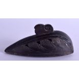 AN UNUSUAL 19TH CENTURY TURKISH CARVED TERRACOTTA BATH RASP in the form of a bird. 13.5 cm wide.