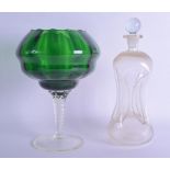 A VICTORIAN CLEAR GLASS DECANTER AND STOPPER together with a green and clear glass pedestal bowl. 32