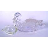 A LALIQUE STYLE GLASS BOX IN THE FORM OF A DUCK, together with a glass swan. Largest. 25 cm wide.