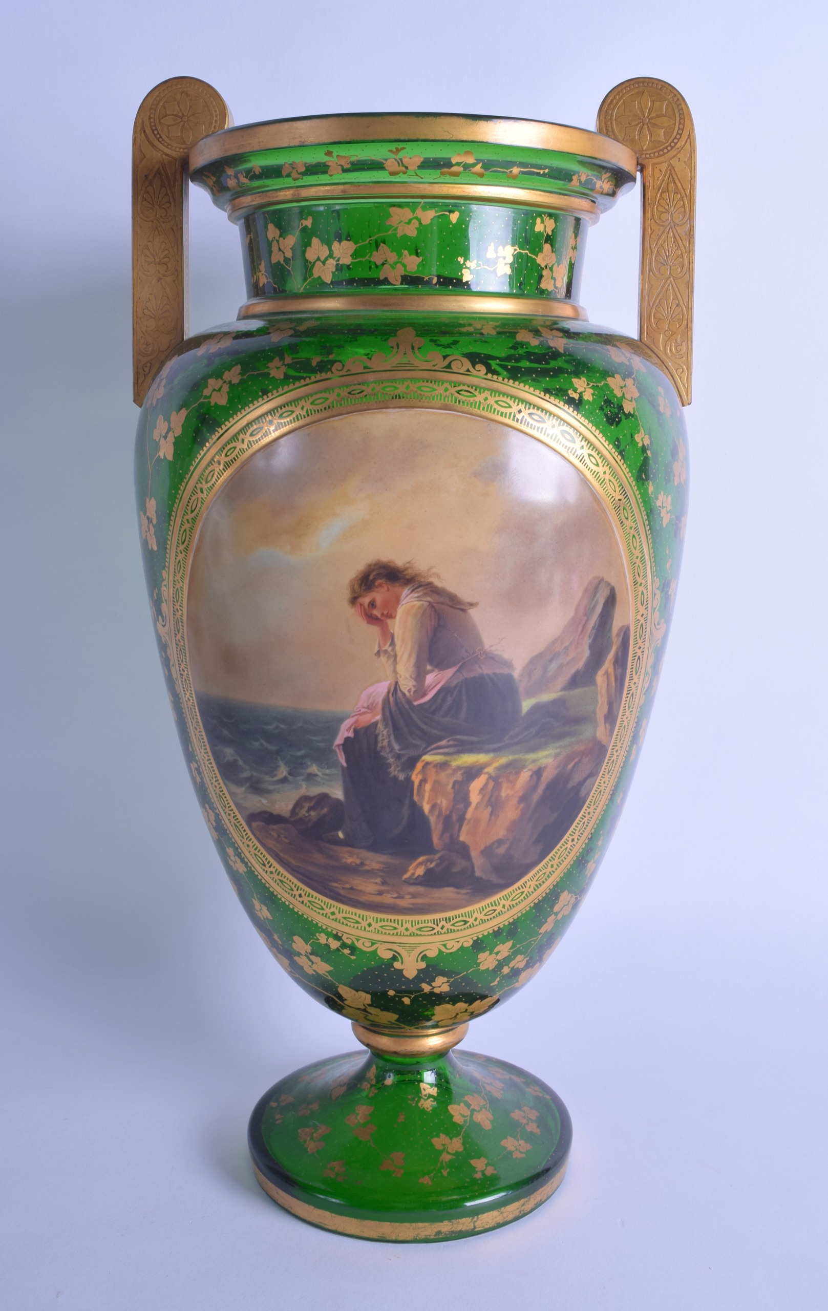 A FINE LARGE 19TH CENTURY TWIN HANDLED BOHEMIAN GLASS VASE painted with a female peering out to