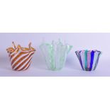 A GROUP OF THREE RETRO VENETIAN GLASS BASKETS with opaque twist decoration. Largest 10 cm x 10