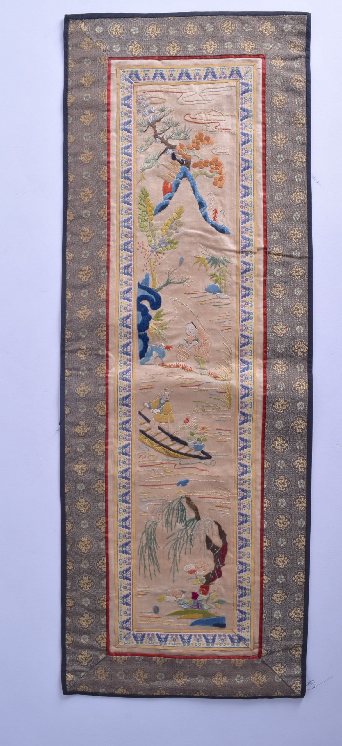 A SET OF FIVE EARLY 20TH CENTURY CHINESE SILKWORK PANELS of various designs. 20 cm x 58 cm. (5) - Image 5 of 6