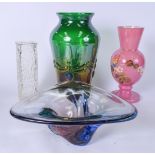 AN EARLY 20TH CENTURY PINK GLASS OVERLAID VASE, together with a Whitefriars style vase and two