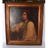 EUROPEAN SCHOOL (19TH CENTURY), framed oil on canvas, portrait of a female in a red hat. 60 cm x