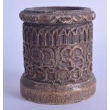 AN 18TH CENTURY CONTINENTAL WAX MORTAR decorated with Celtic motifs and vines. 9.5 cm x 8 cm.