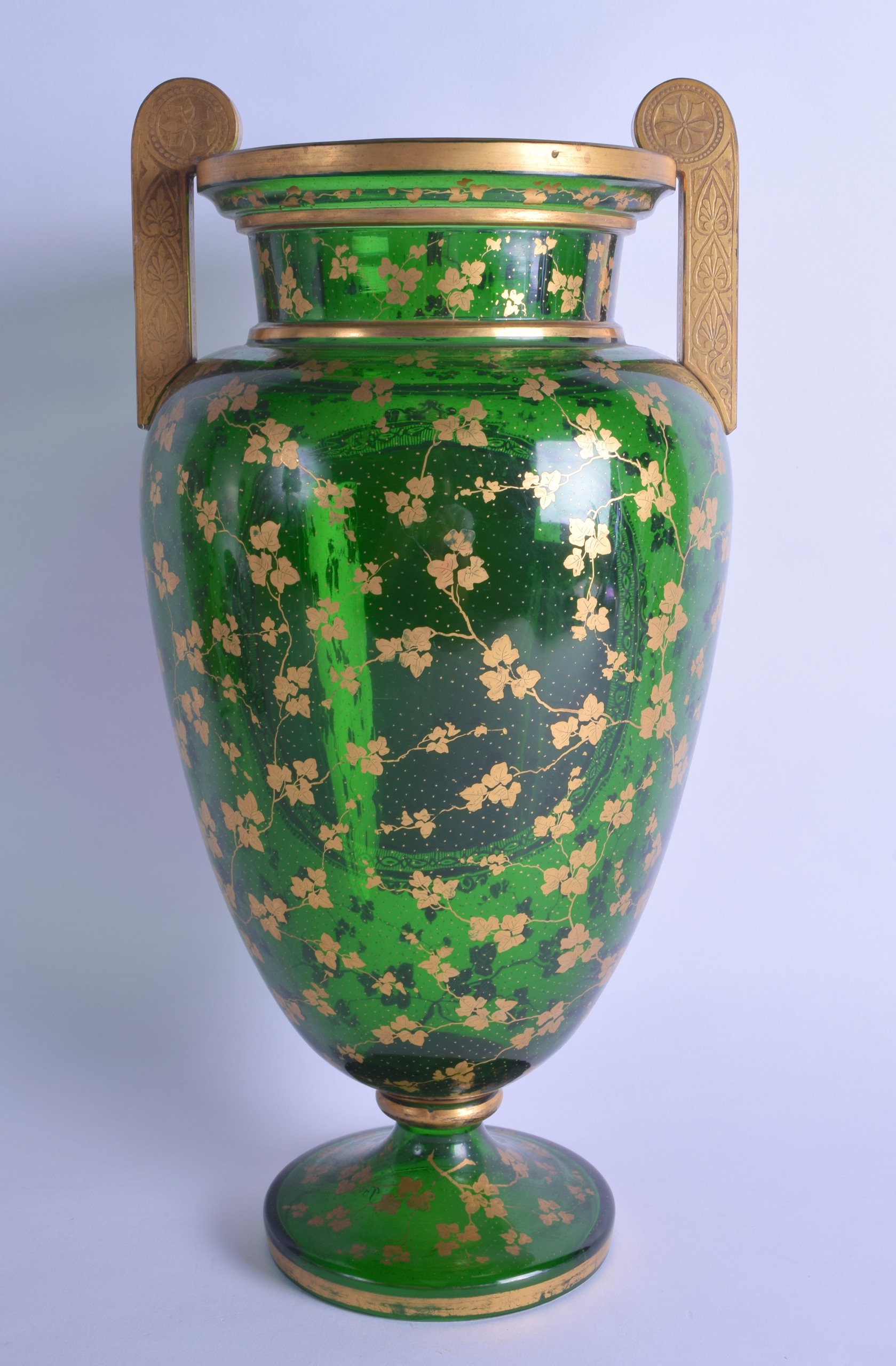 A FINE LARGE 19TH CENTURY TWIN HANDLED BOHEMIAN GLASS VASE painted with a female peering out to - Image 2 of 7