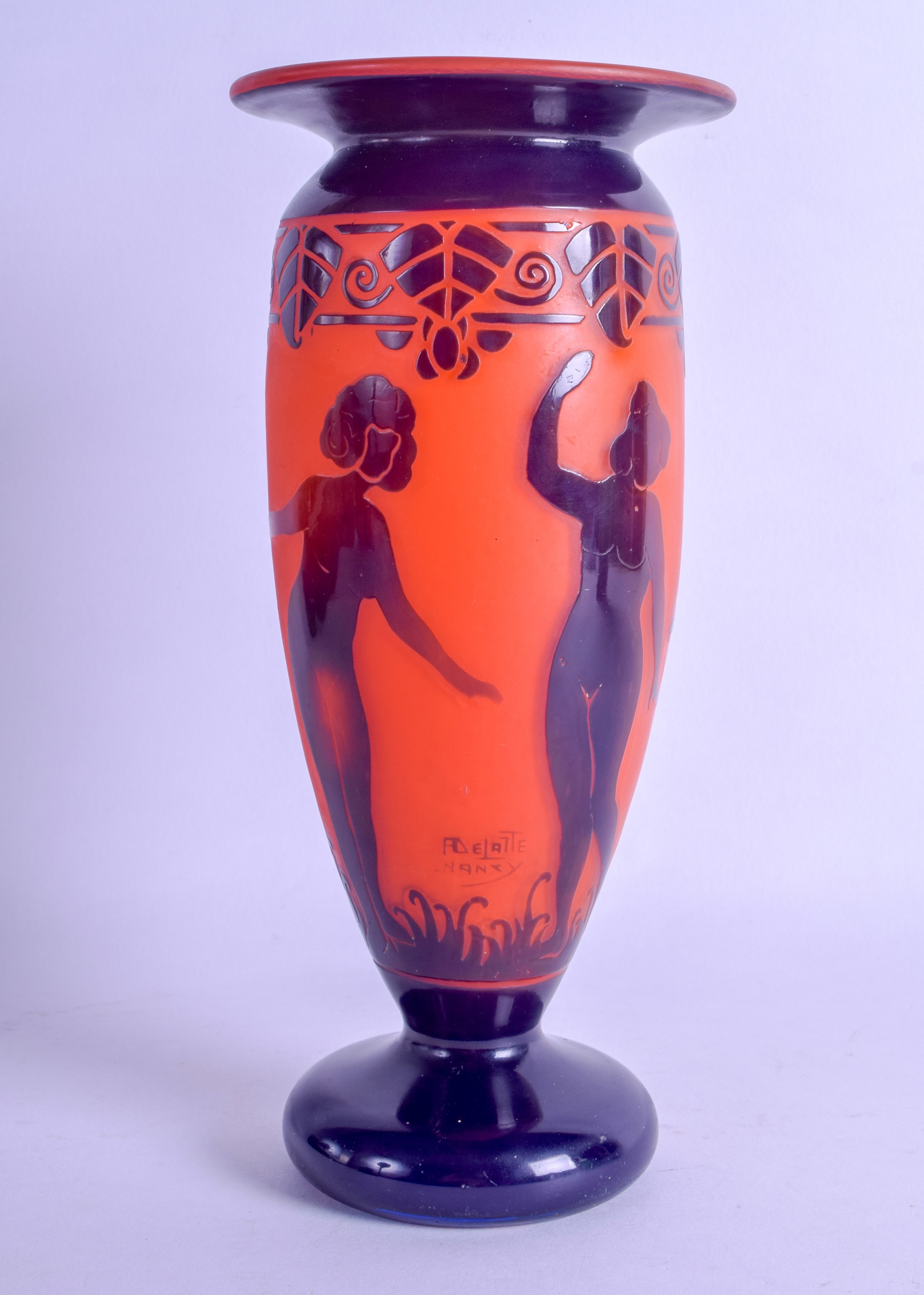 ANDRE DELATTE (1887-1953) A LOVELY FRENCH ART DECO GLASS VASE decorated with females in various