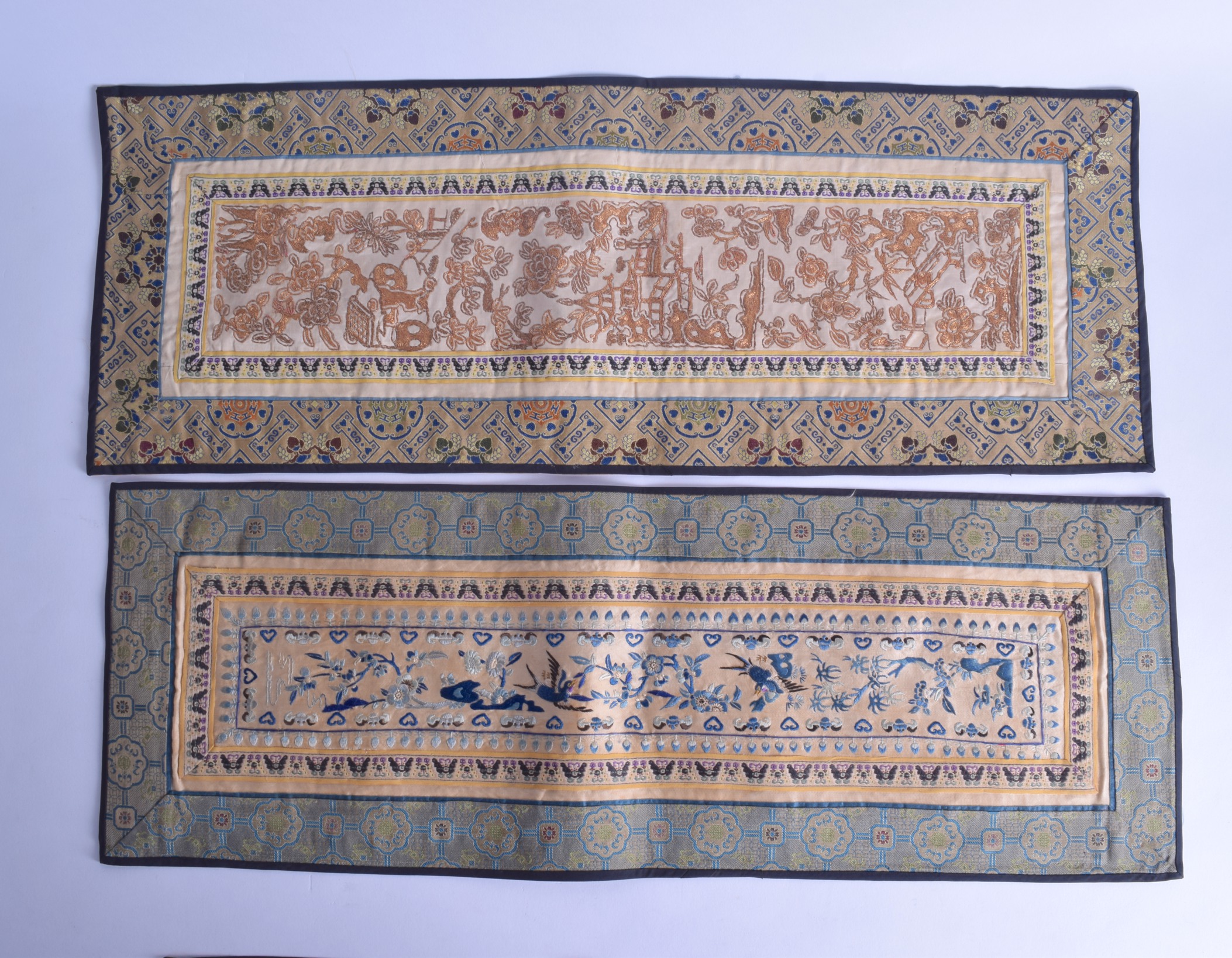 A SET OF FIVE EARLY 20TH CENTURY CHINESE SILKWORK PANELS of various designs. 20 cm x 58 cm. (5)
