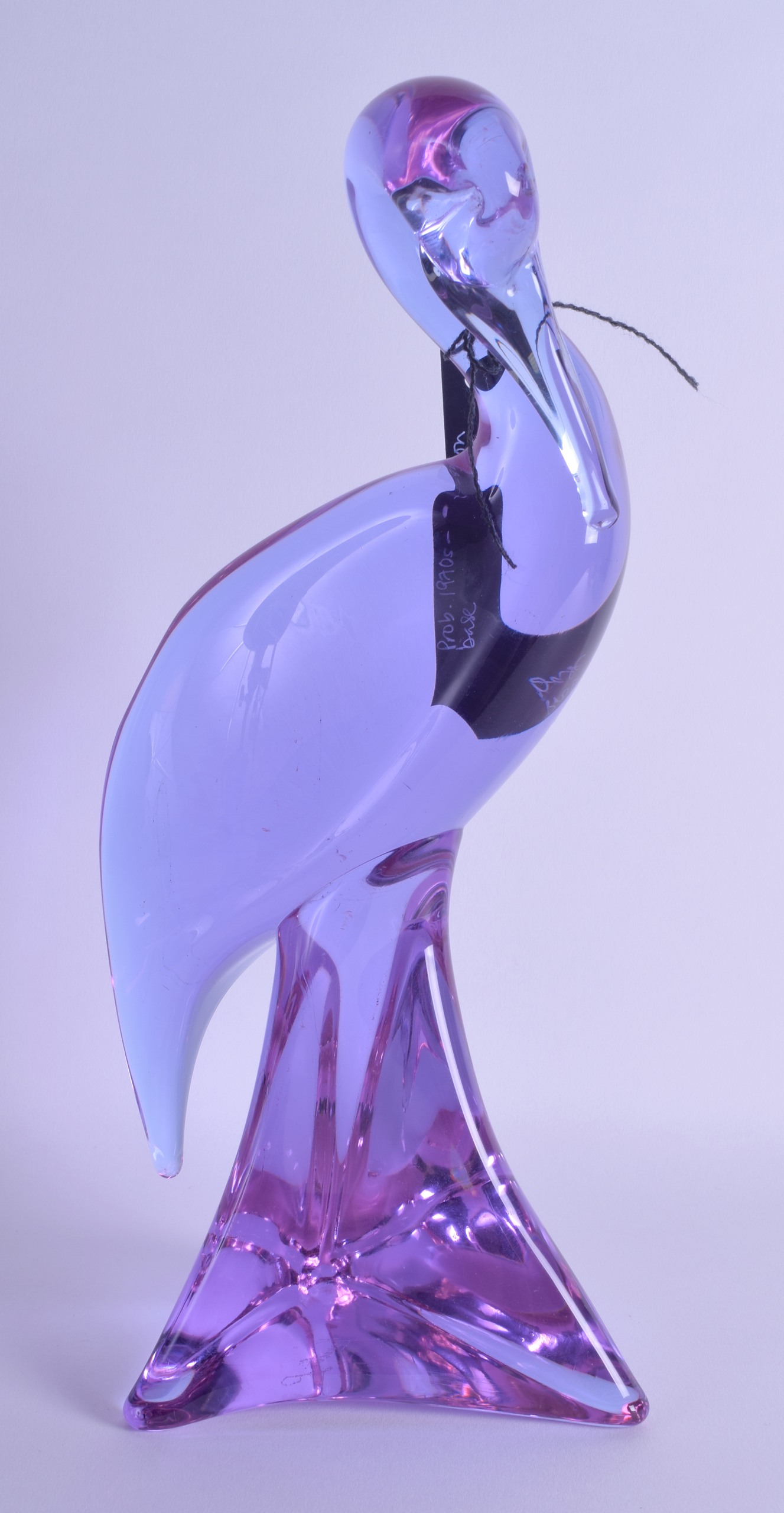 AN ITALIAN LICIO ZANETTI NEODYMIUM PUCE GLASS HERON C1970. 34 cm high.