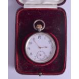 A 19TH CENTURY CONTINENTAL SILVER POCKET WATCH in original fitted box. 4.75 cm diameter.