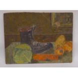 ENGLISH SCHOOL (20th Century), unframed oil on board, still life of fruit with a boot. 30 cm x 41