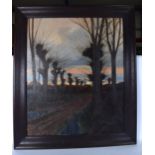 CONTINENTAL SCHOOL, framed oil on canvas dark rural street scene, signed. 95 cm x 78 cm.